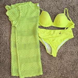 Vibrant Neon L Green/Yellow Bikini Set with Crochet Cover-Up